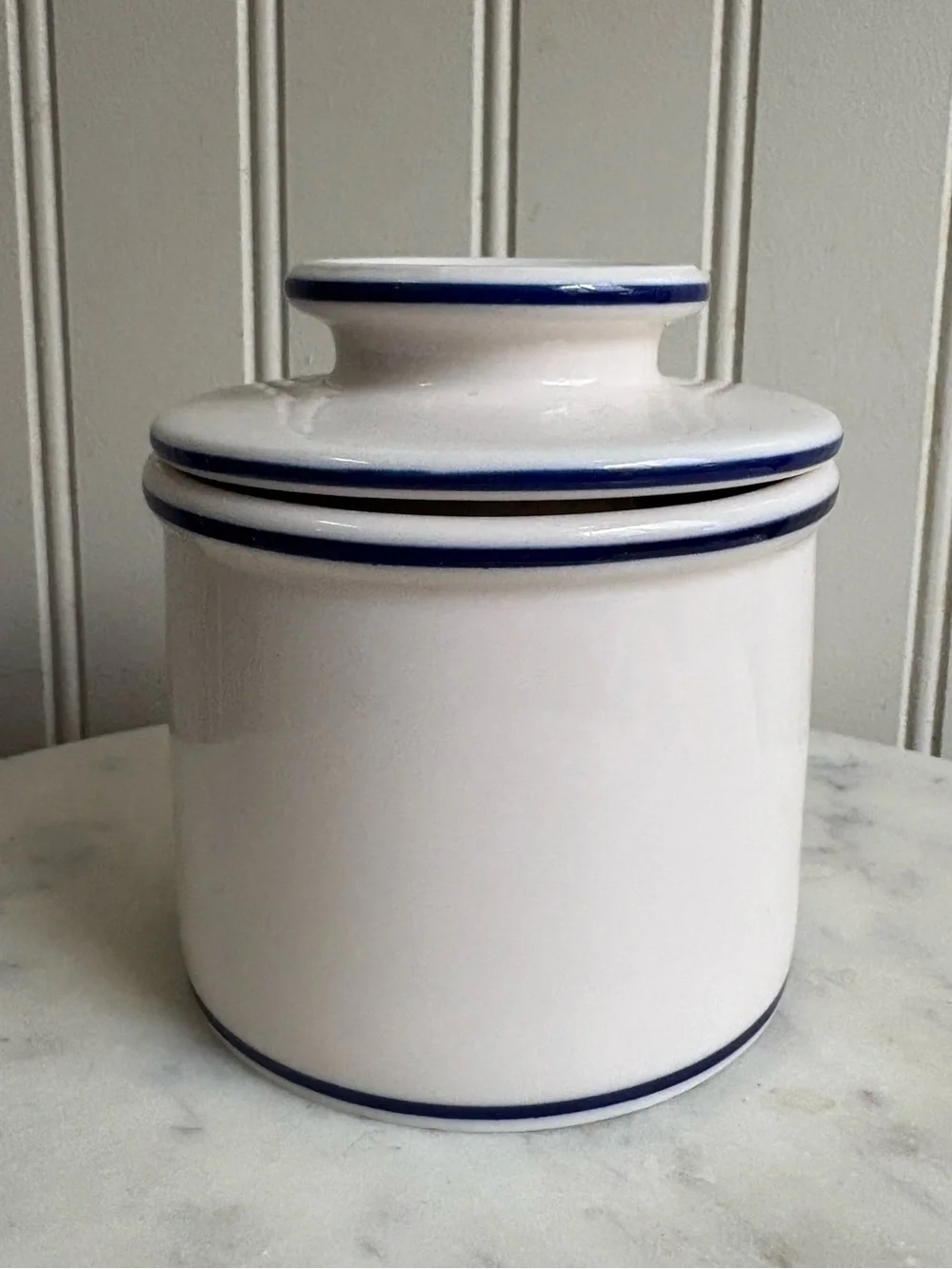 Vintage L Tremain Ceramic Butter Bell Cream & Navy Blue Farmhouse Country Rustic